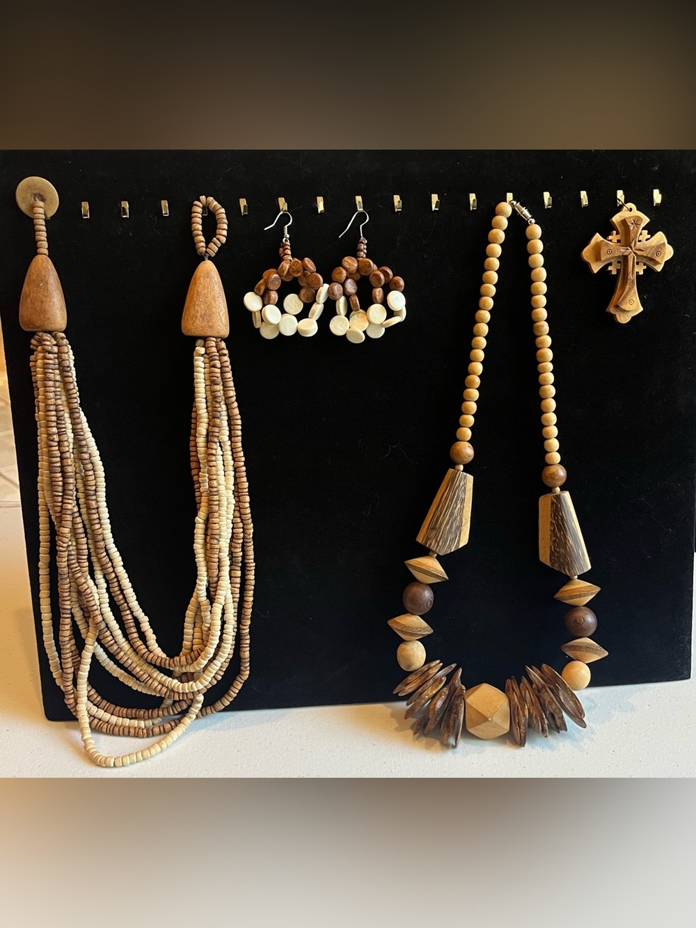 Vintage Boho Chunky Wooden Jewelry Set 4pc Lot Multi Strand Seed Bead Geometric